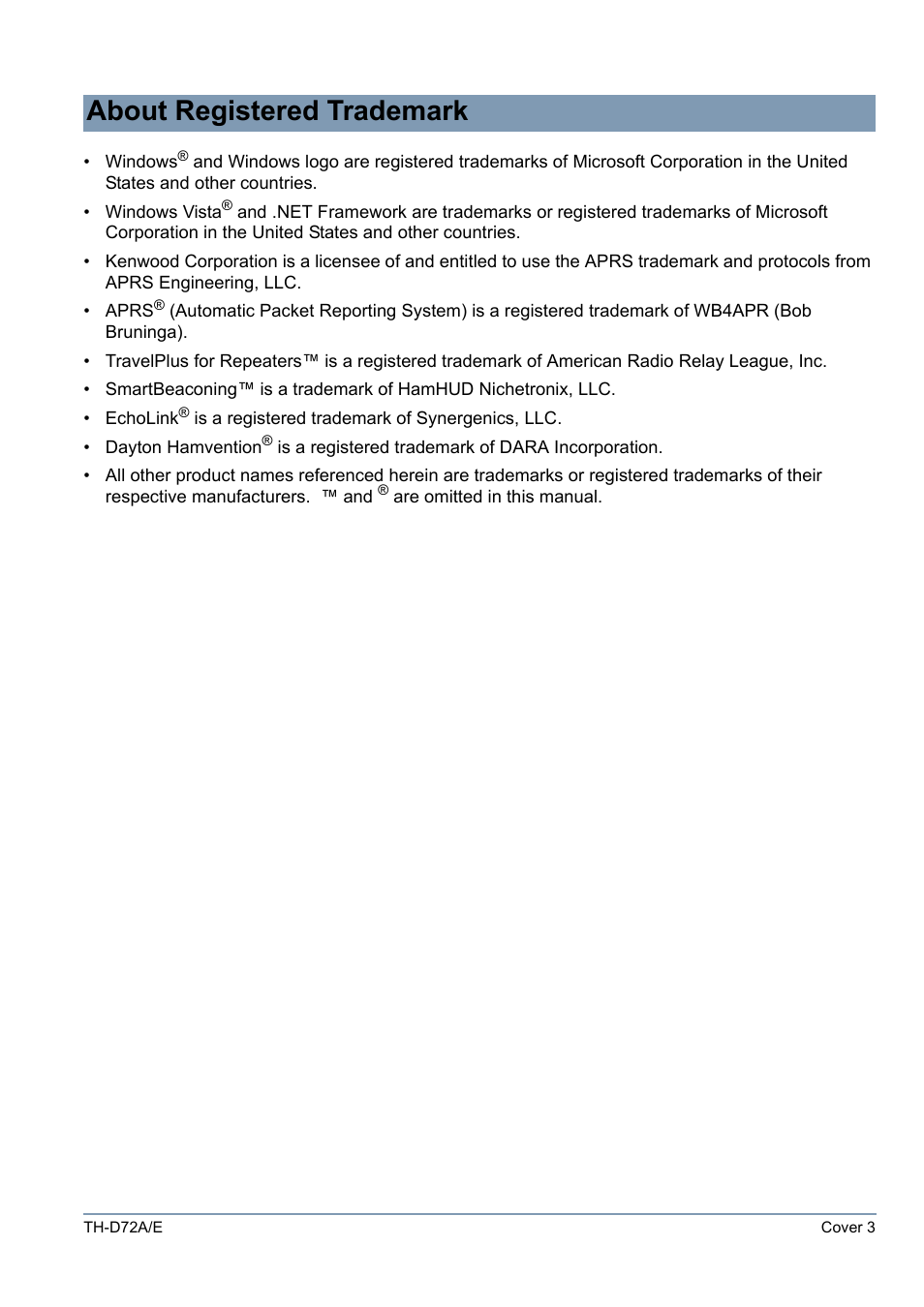 About registered trademark | Kenwood TH-D72A/E User Manual | Page 3 / 92