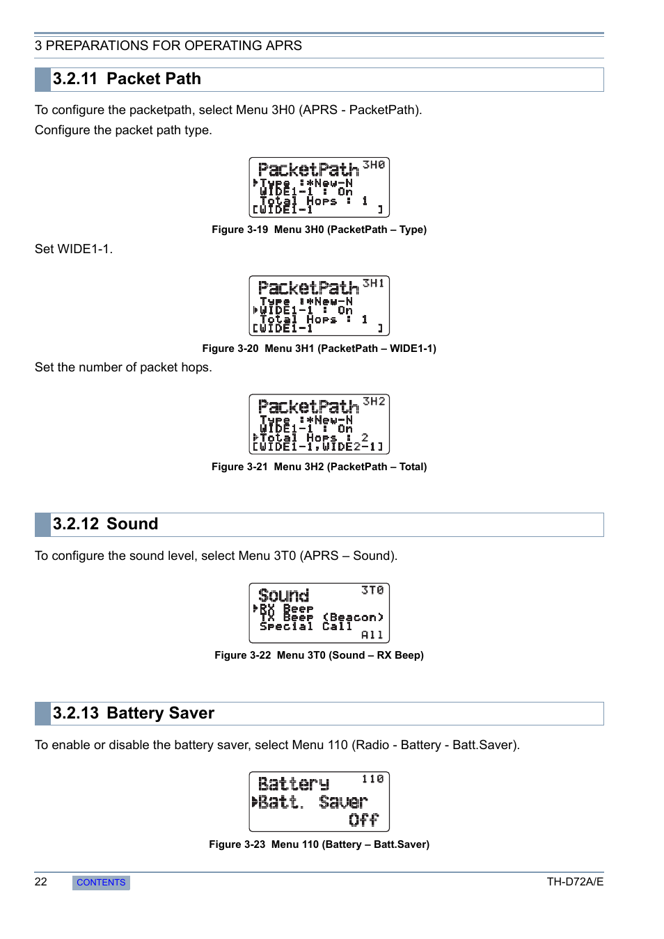 11 packet path, 12 sound, 13 battery saver | Packet path, Sound, Battery saver | Kenwood TH-D72A/E User Manual | Page 30 / 92