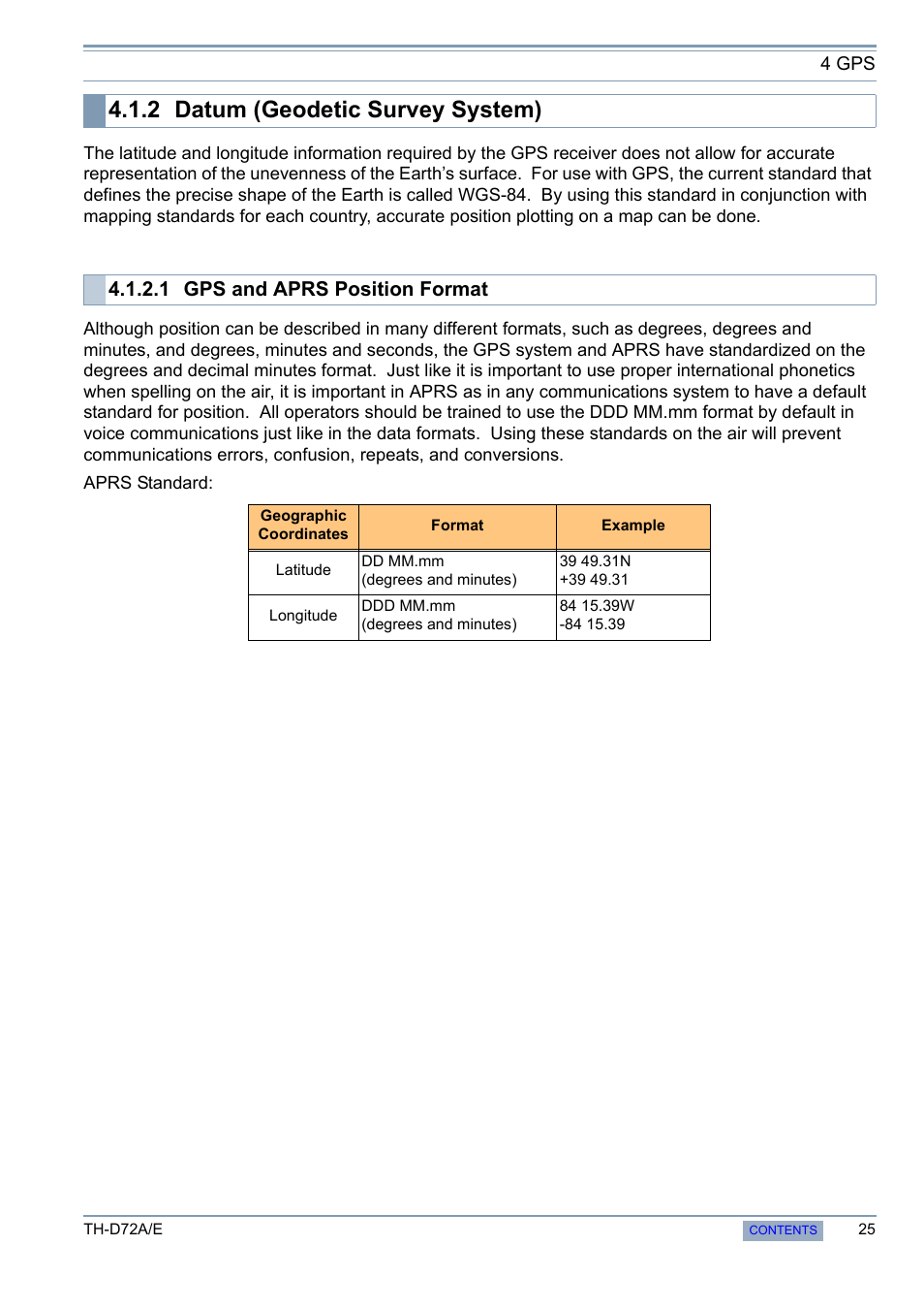 2 datum (geodetic survey system), Datum (geodetic survey system), 1 gps and aprs position format | Kenwood TH-D72A/E User Manual | Page 33 / 92