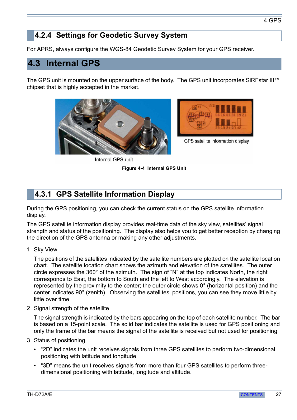 4 settings for geodetic survey system, 3 internal gps, 1 gps satellite information display | Settings for geodetic survey system, Gps satellite information display | Kenwood TH-D72A/E User Manual | Page 35 / 92