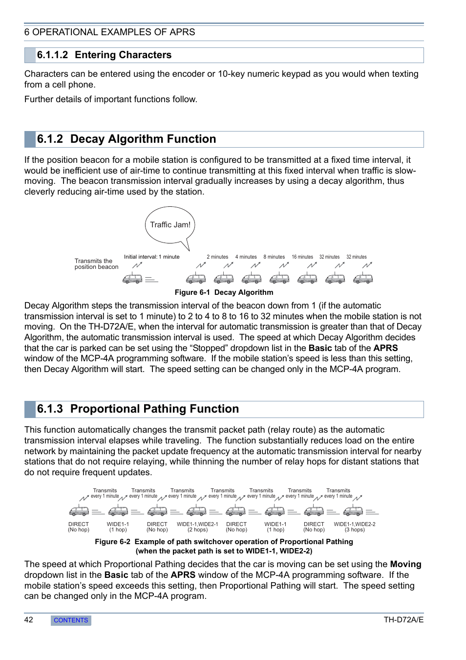 2 decay algorithm function, 3 proportional pathing function, Decay algorithm function | Proportional pathing function, 2 entering characters, 6 operational examples of aprs | Kenwood TH-D72A/E User Manual | Page 50 / 92