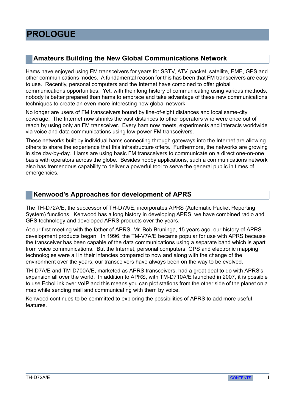 Kenwood’s approaches for development of aprs, Prologue | Kenwood TH-D72A/E User Manual | Page 7 / 92