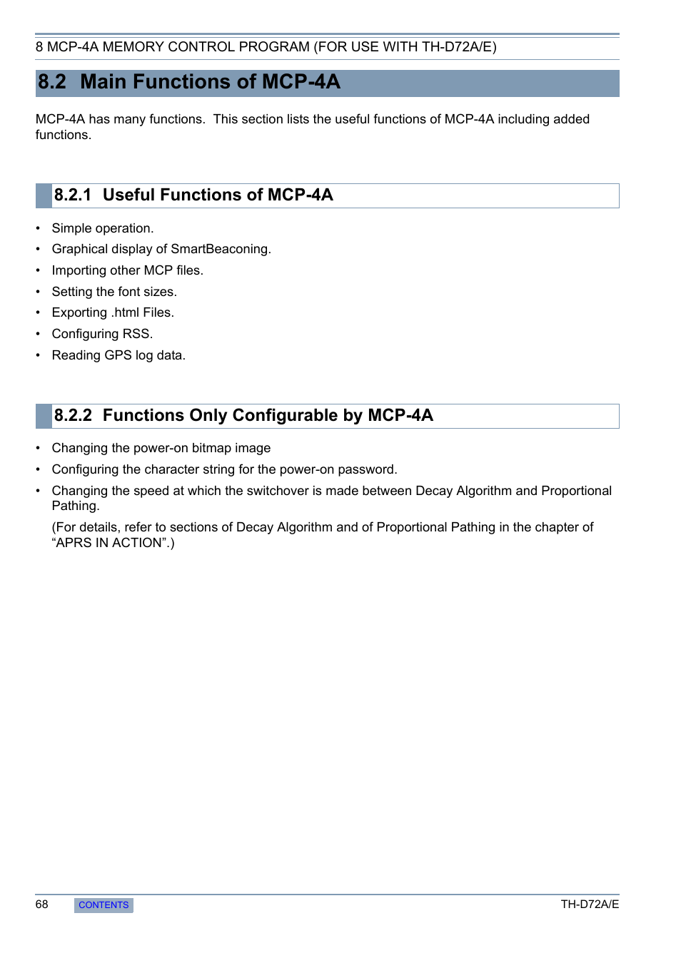 2 main functions of mcp-4a, 1 useful functions of mcp-4a, 2 functions only configurable by mcp-4a | Useful functions of mcp-4a, Functions only configurable by mcp-4a | Kenwood TH-D72A/E User Manual | Page 76 / 92