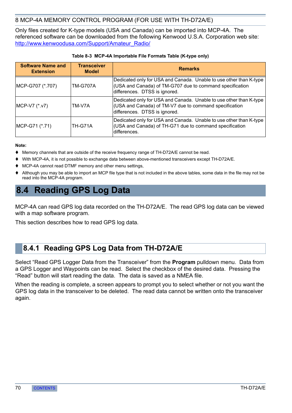 4 reading gps log data, 1 reading gps log data from th-d72a/e, Reading gps log data from th-d72a/e | Kenwood TH-D72A/E User Manual | Page 78 / 92