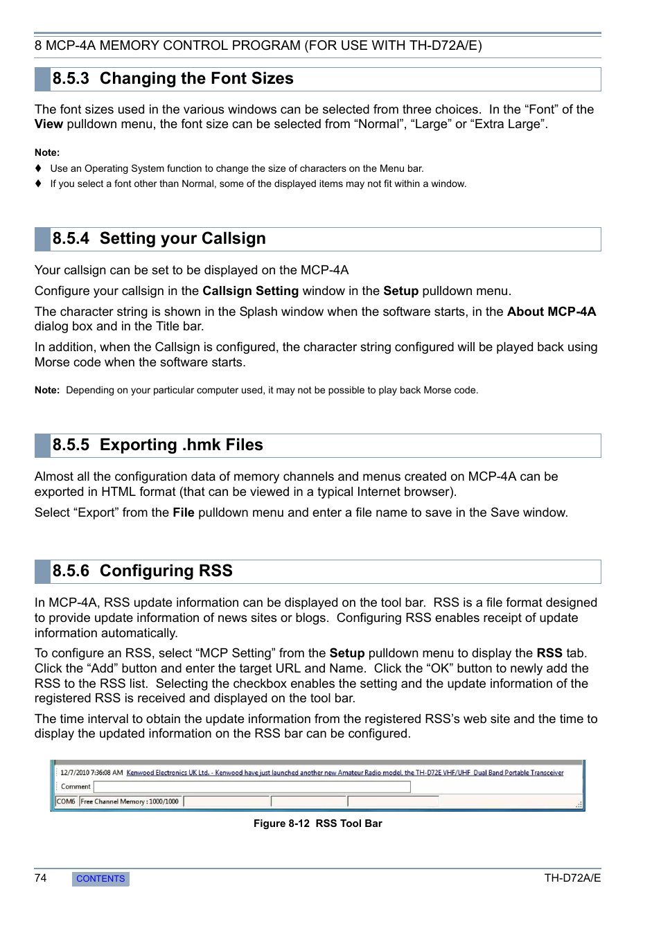 3 changing the font sizes, 4 setting your callsign, 5 exporting .hmk files | 6 configuring rss, Changing the font sizes, Setting your callsign, Exporting .hmk files, Configuring rss | Kenwood TH-D72A/E User Manual | Page 82 / 92