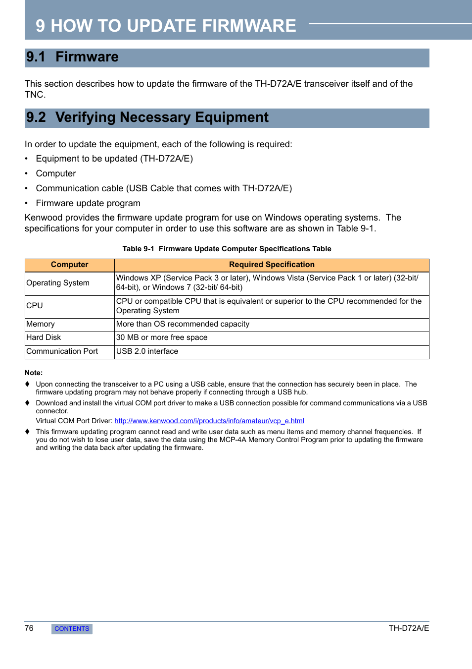 How to update firmware, 1 firmware, 2 verifying necessary equipment | 9 how to update firmware, 1 firmware 9.2 verifying necessary equipment | Kenwood TH-D72A/E User Manual | Page 84 / 92