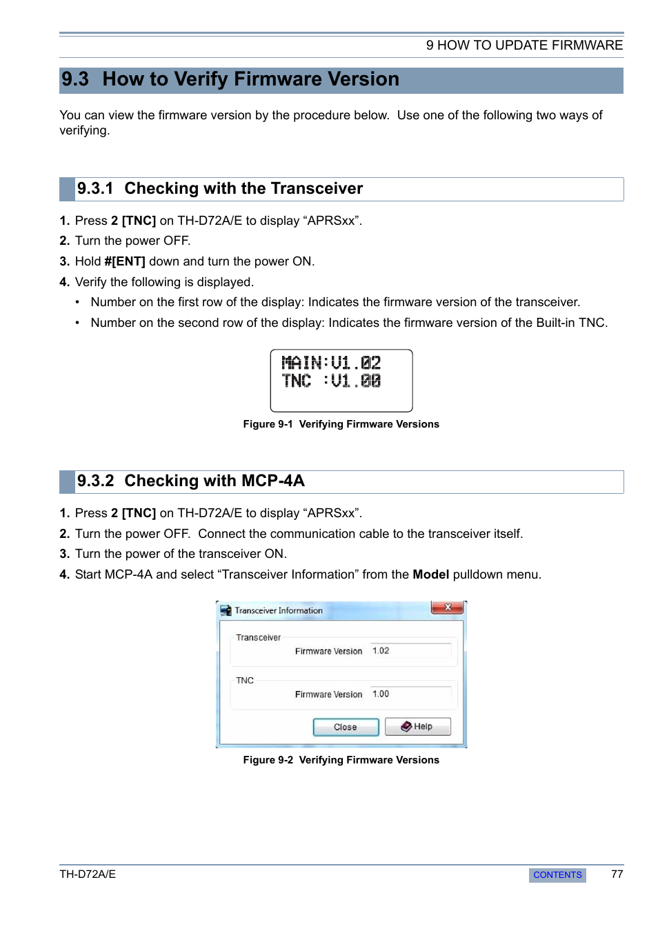 3 how to verify firmware version, 1 checking with the transceiver, 2 checking with mcp-4a | Checking with the transceiver, Checking with mcp-4a | Kenwood TH-D72A/E User Manual | Page 85 / 92