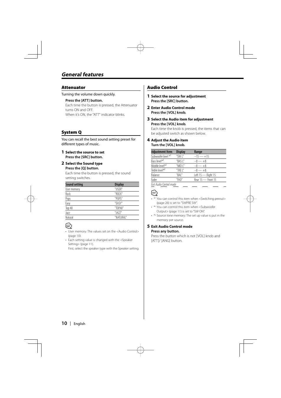 General features, Attenuator, System q | Audio control 1 | Kenwood CD-RECEIVER KDC-W6031 User Manual | Page 10 / 40