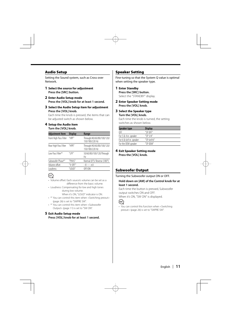 Audio setup, Speaker setting, Subwoofer output | Kenwood CD-RECEIVER KDC-W6031 User Manual | Page 11 / 40