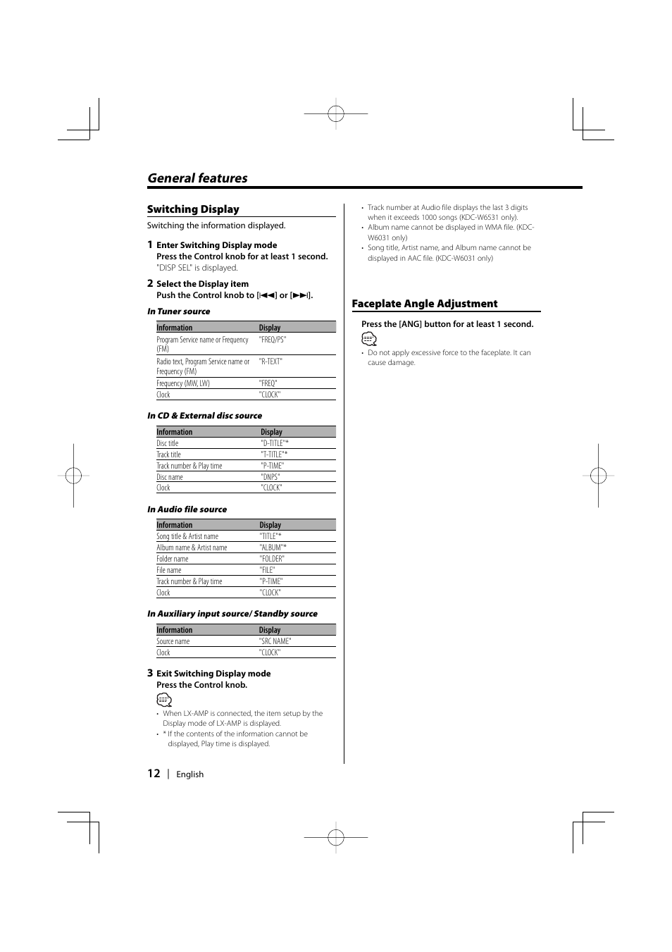 General features, Switching display, Faceplate angle adjustment | Kenwood CD-RECEIVER KDC-W6031 User Manual | Page 12 / 40