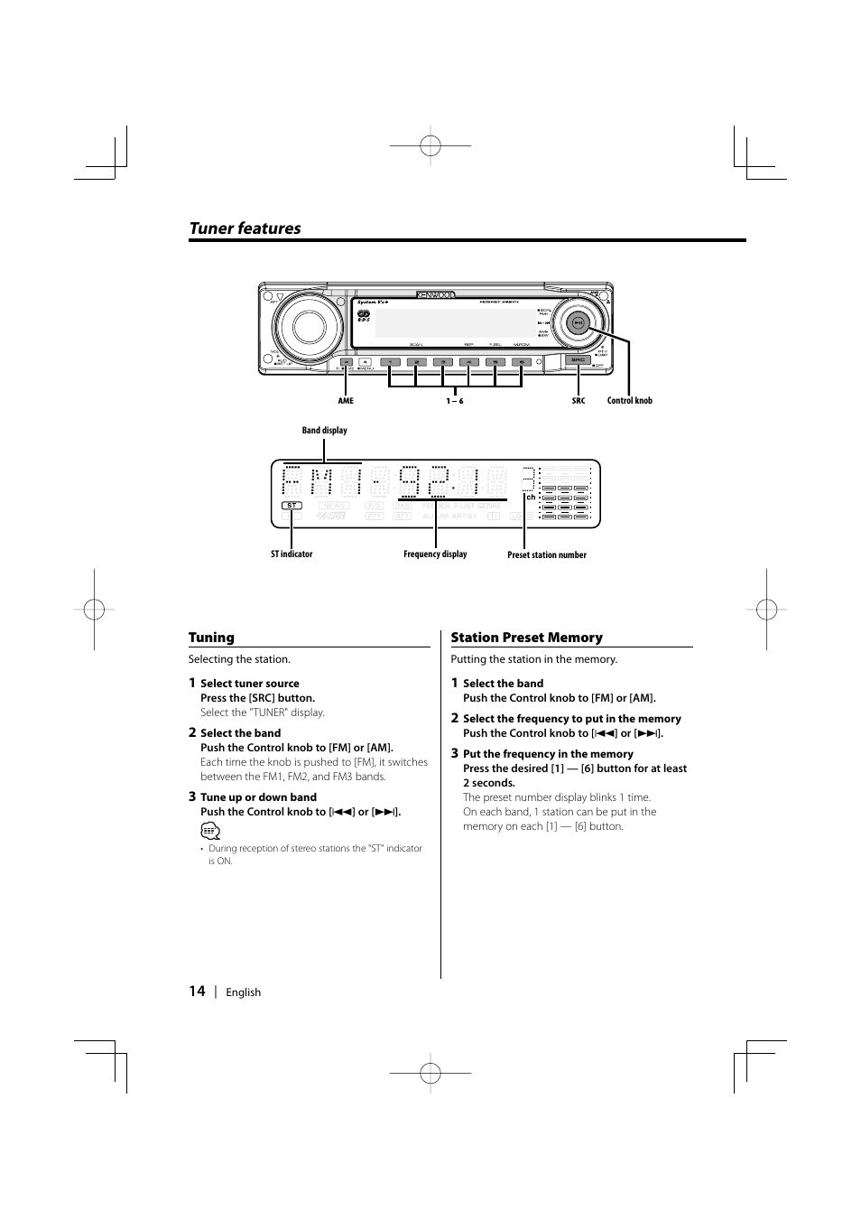 Tuner features | Kenwood CD-RECEIVER KDC-W6031 User Manual | Page 14 / 40