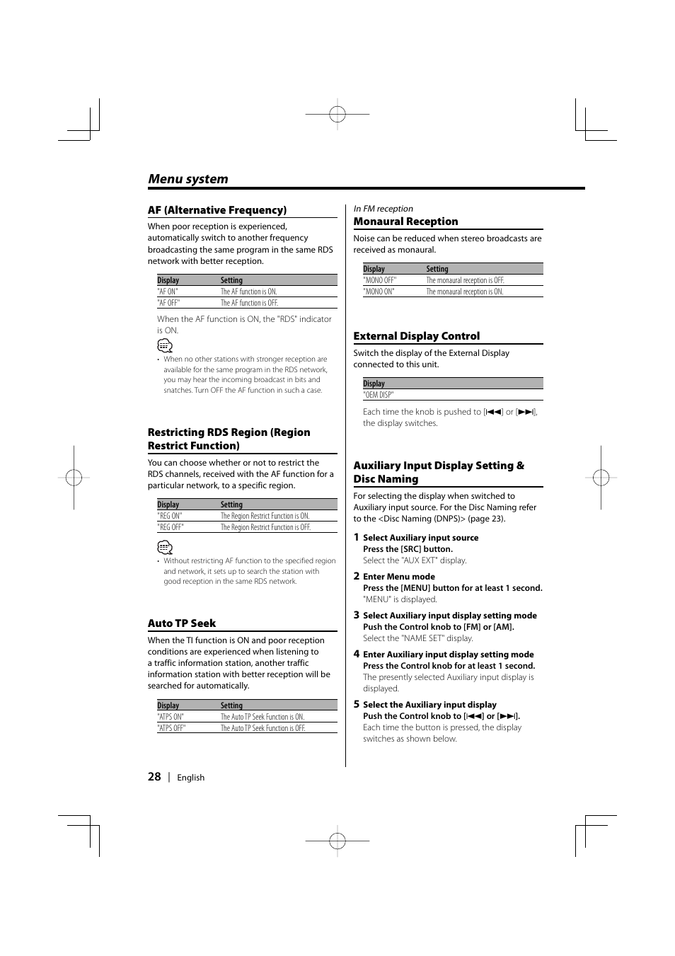 Menu system | Kenwood CD-RECEIVER KDC-W6031 User Manual | Page 28 / 40