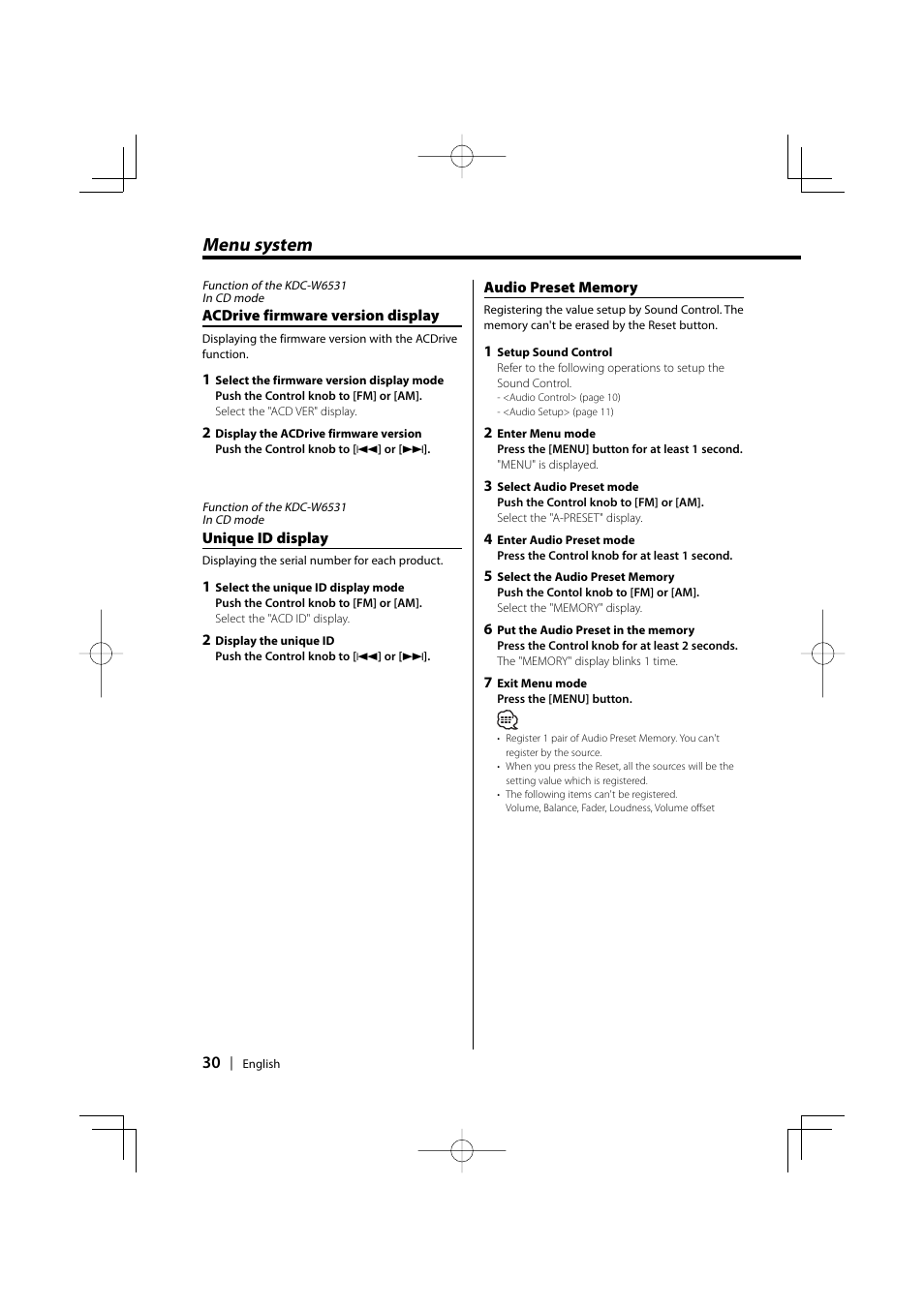 Menu system | Kenwood CD-RECEIVER KDC-W6031 User Manual | Page 30 / 40