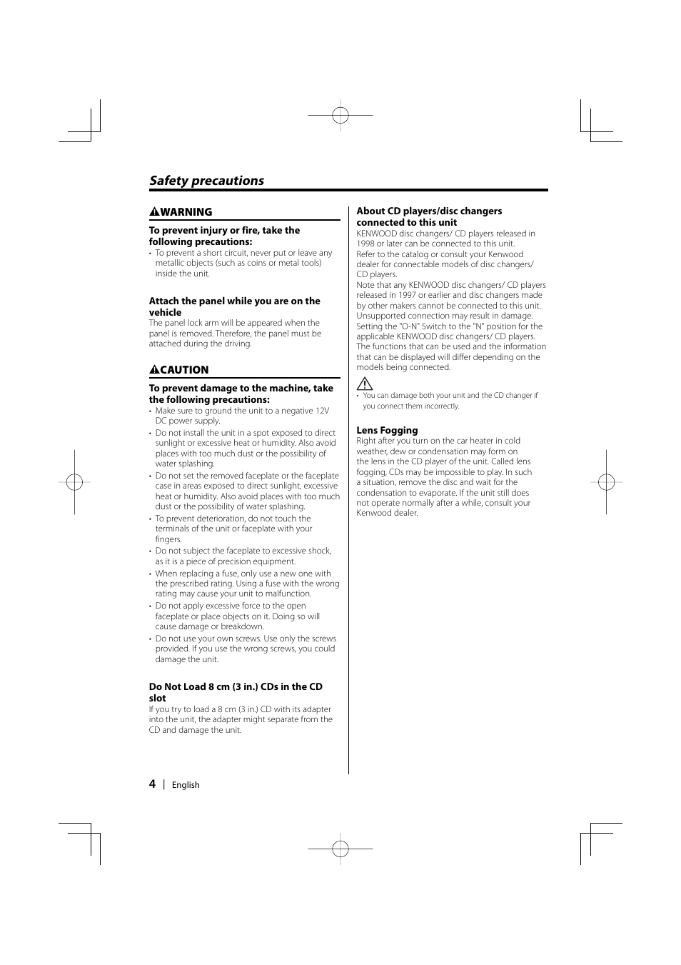 Safety precautions | Kenwood CD-RECEIVER KDC-W6031 User Manual | Page 4 / 40
