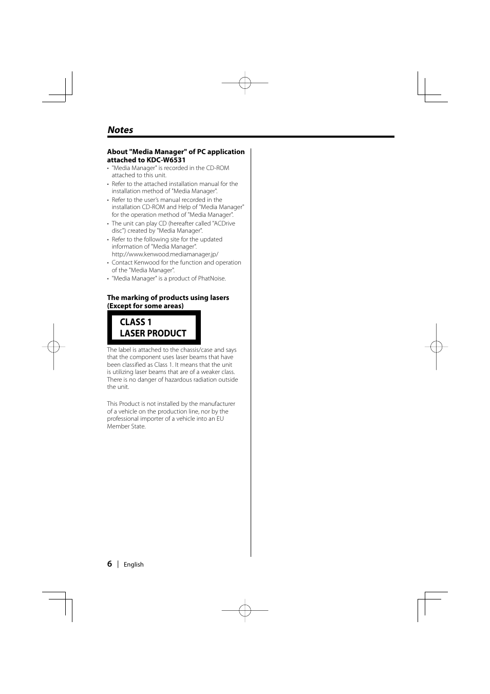Class 1 laser product | Kenwood CD-RECEIVER KDC-W6031 User Manual | Page 6 / 40