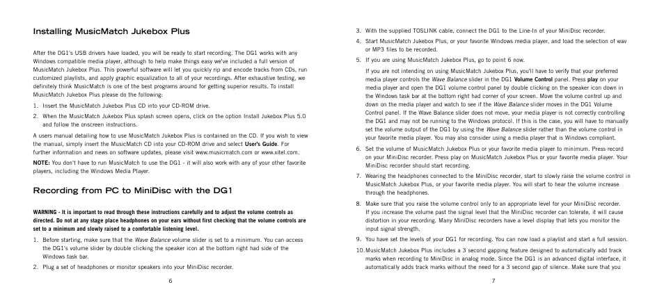 Installing musicmatch jukebox plus, Recording from pc to minidisc with the dg1 | Kenwood DG1 User Manual | Page 4 / 7