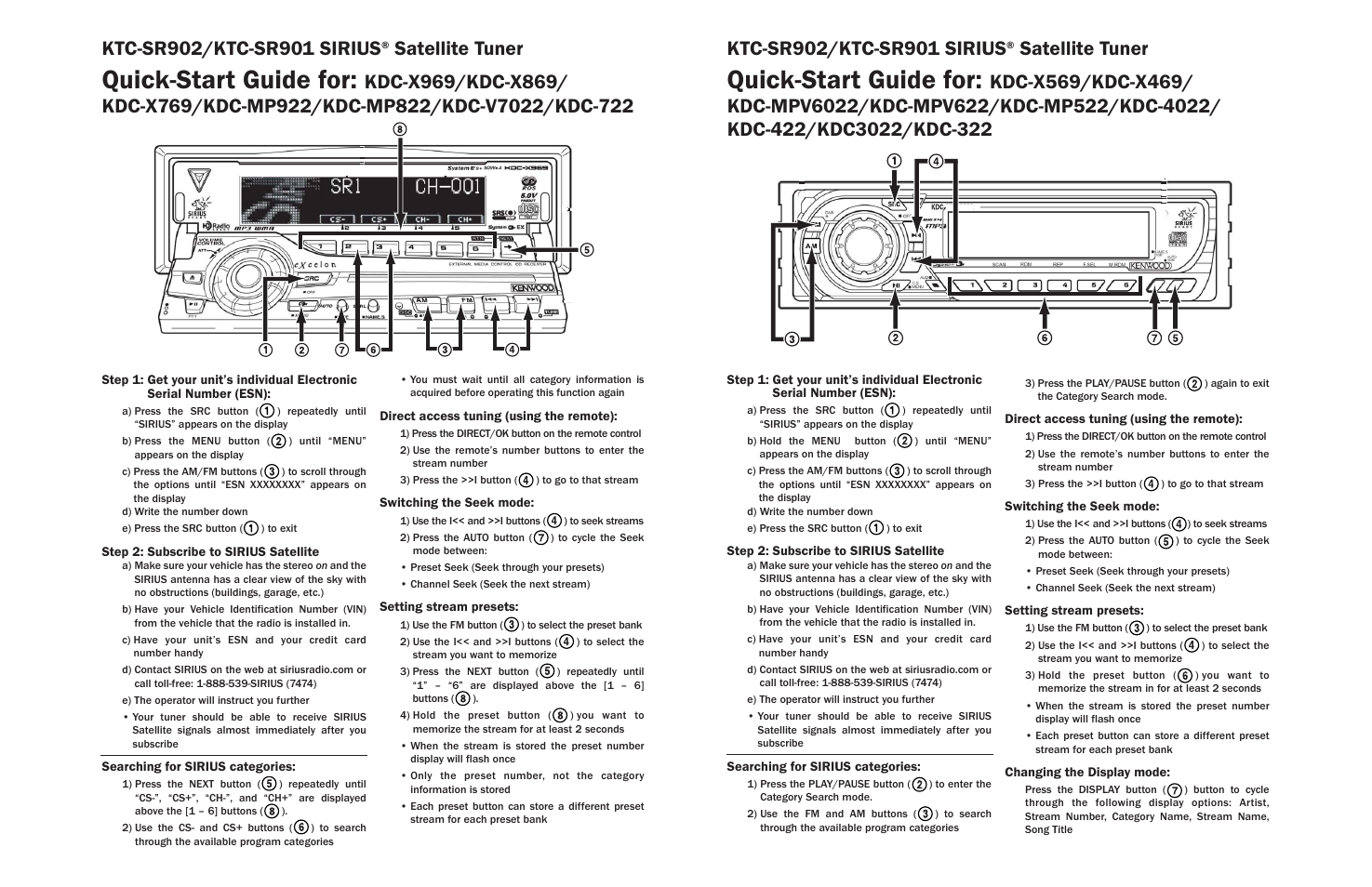 Quick-start guide for, Satellite tuner | Kenwood SIRIUS KTC-SR901 User Manual | Page 2 / 7