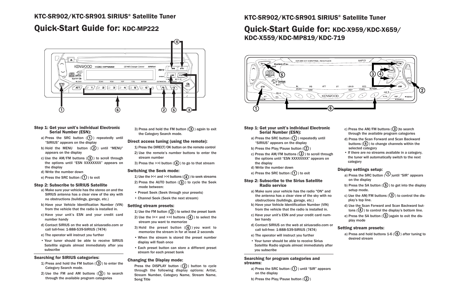 Quick-start guide for, Satellite tuner, Kdc-mp222 | Kenwood SIRIUS KTC-SR901 User Manual | Page 3 / 7