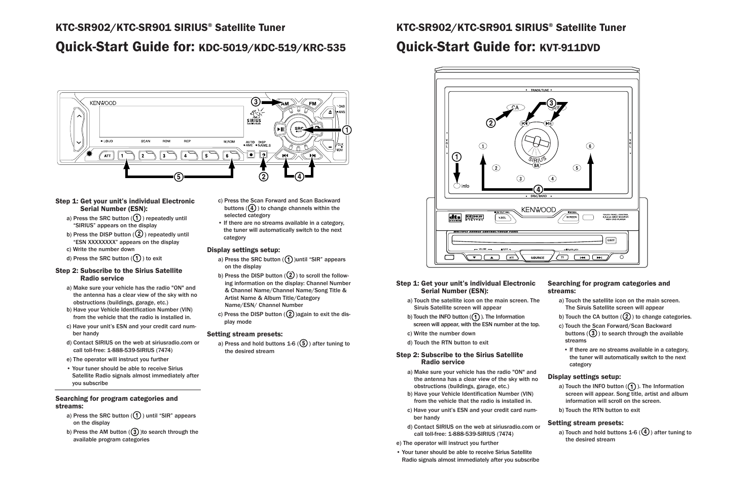 Quick-start guide for, Satellite tuner, Kvt-911dvd | Kenwood SIRIUS KTC-SR901 User Manual | Page 5 / 7