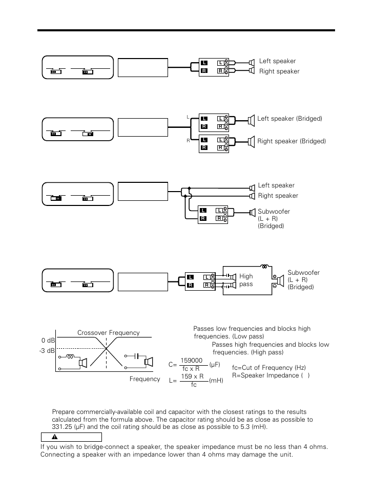 System examples, Example, Full-range 2-channel system | Full-range 2-channel + subwoofer system, Tri-mode, High-power full-range 2-channel system, Coil (l), Capacitor (c), Switch setting | Kenwood KAC-526X User Manual | Page 8 / 9