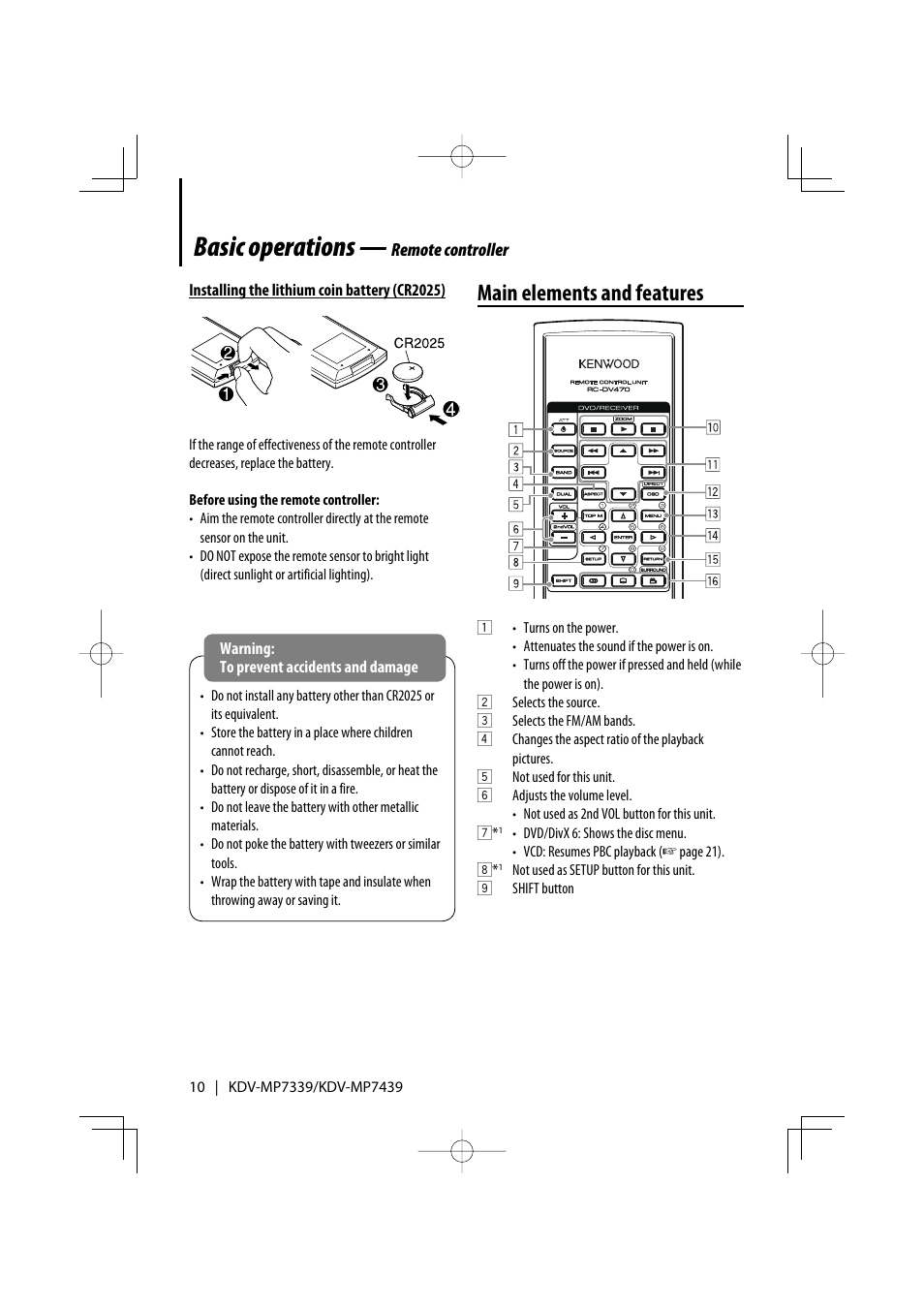 Basic operations, Main elements and features | Kenwood KDV-MP7339 User Manual | Page 10 / 44