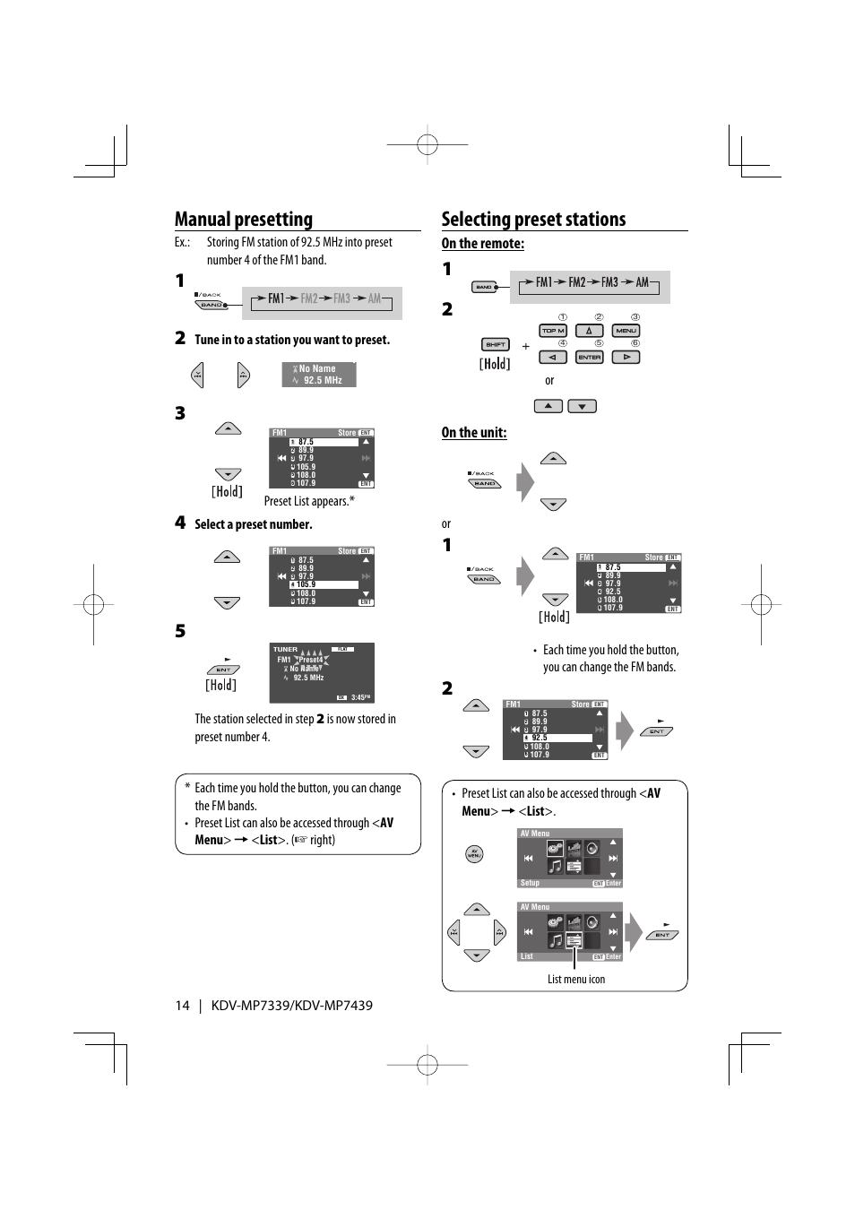 Selecting preset stations, Manual presetting, On the remote | On the unit, Tune in to a station you want to preset, Preset list appears, Select a preset number | Kenwood KDV-MP7339 User Manual | Page 14 / 44