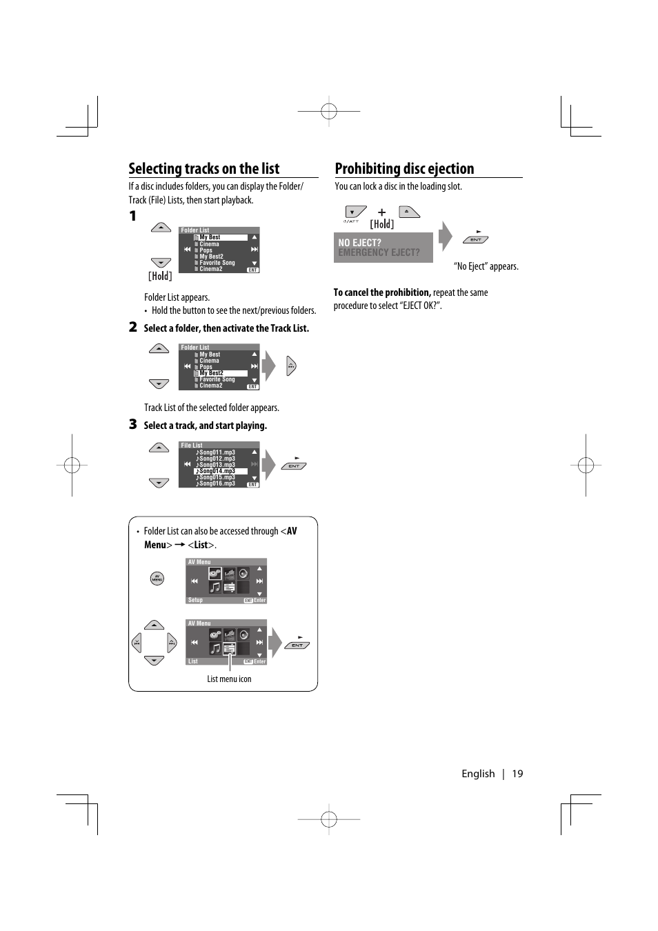 Selecting tracks on the list, Prohibiting disc ejection, English | 19 | Kenwood KDV-MP7339 User Manual | Page 19 / 44