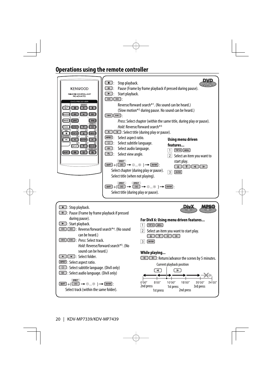 Operations using the remote controller | Kenwood KDV-MP7339 User Manual | Page 20 / 44