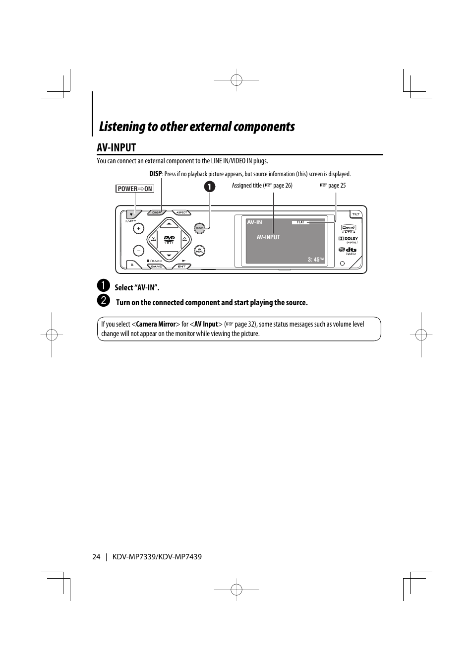 Listening to other external components, Av-input | Kenwood KDV-MP7339 User Manual | Page 24 / 44