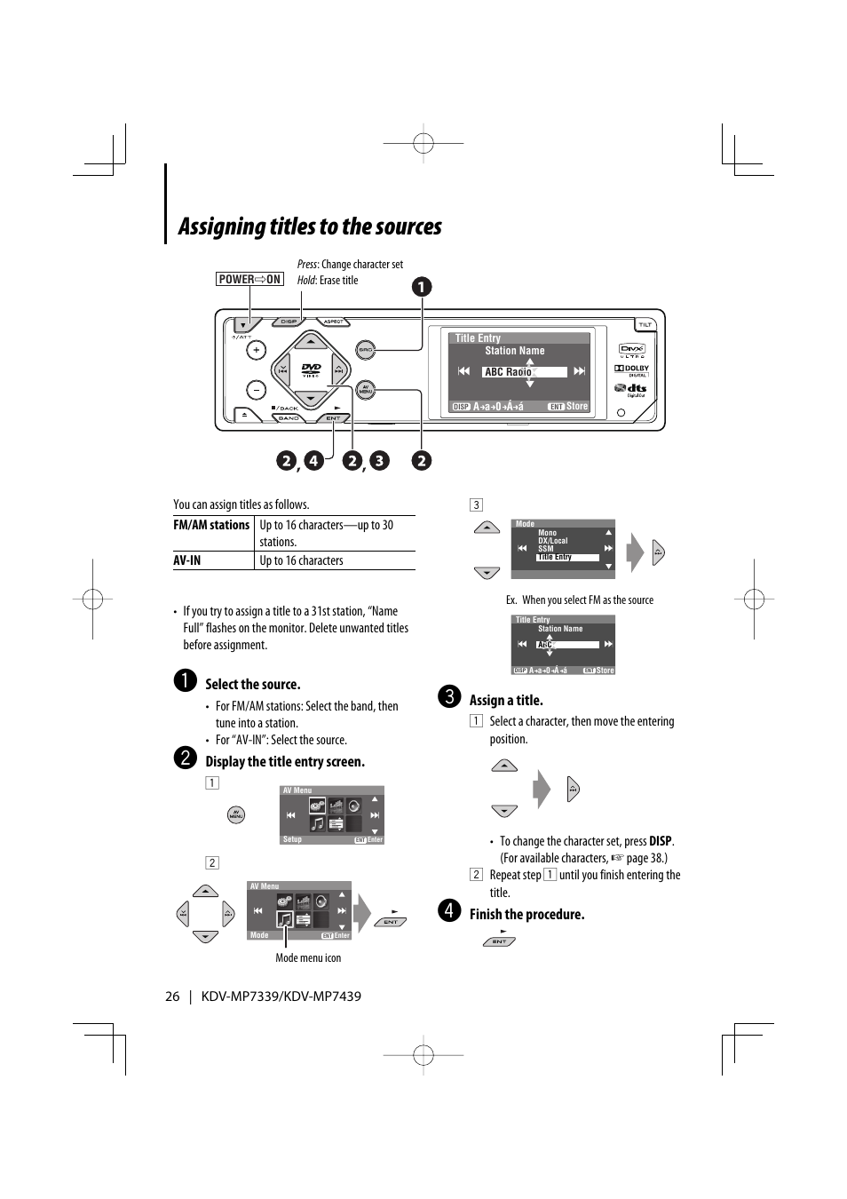 Assigning titles to the sources | Kenwood KDV-MP7339 User Manual | Page 26 / 44