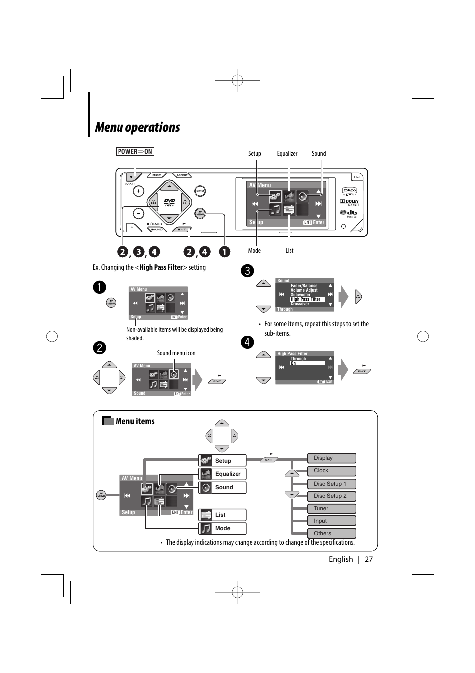 Menu operations, Menu items | Kenwood KDV-MP7339 User Manual | Page 27 / 44