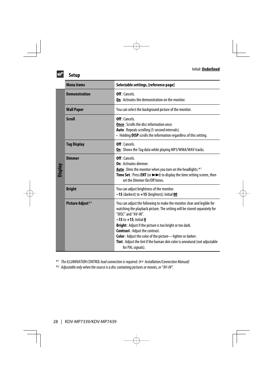 Setup, Display | Kenwood KDV-MP7339 User Manual | Page 28 / 44