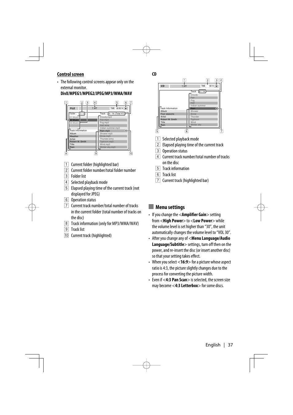 Menu settings, Control screen | Kenwood KDV-MP7339 User Manual | Page 37 / 44