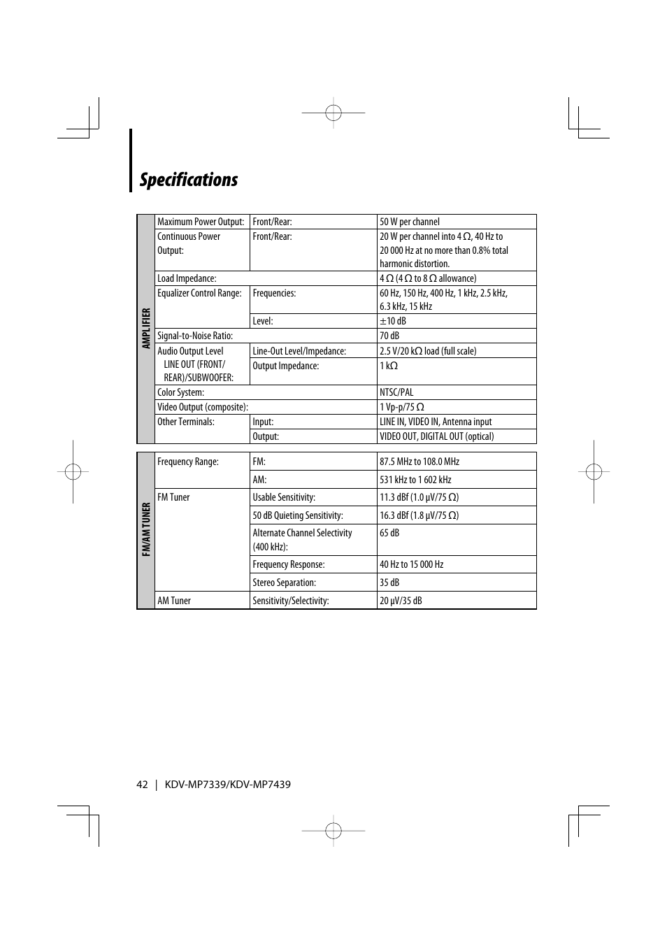 Specifications | Kenwood KDV-MP7339 User Manual | Page 42 / 44