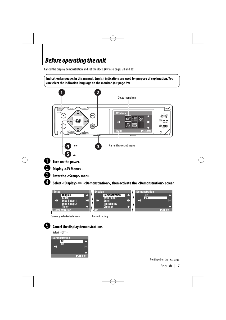 Before operating the unit | Kenwood KDV-MP7339 User Manual | Page 7 / 44