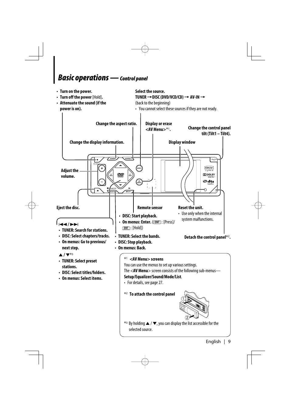 Basic operations, Control panel | Kenwood KDV-MP7339 User Manual | Page 9 / 44