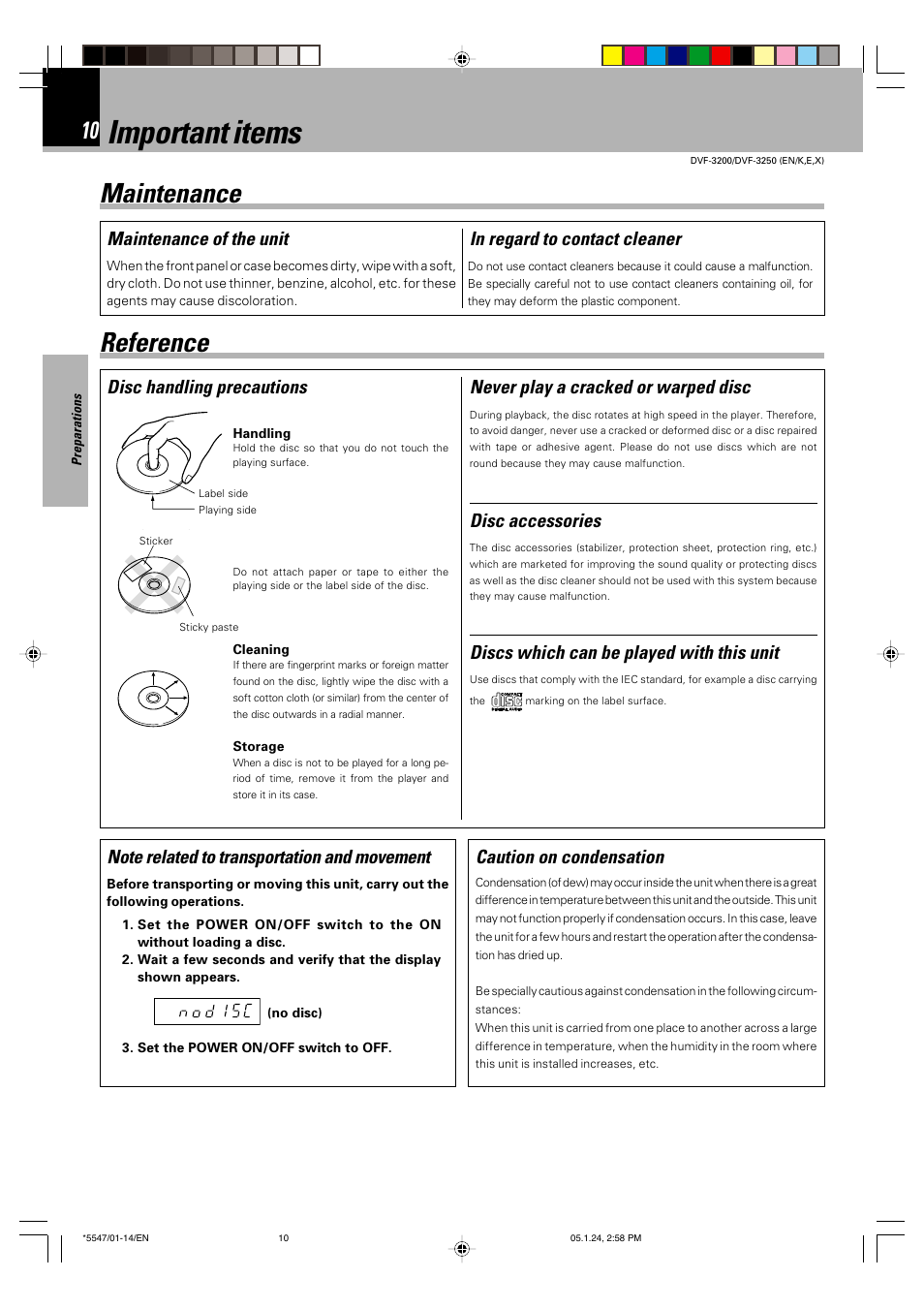 Important items, Maintenance reference, Disc handling precautions disc accessories | Never play a cracked or warped disc, Caution on condensation, Maintenance of the unit, Discs which can be played with this unit | Kenwood DVF-3200 User Manual | Page 10 / 36