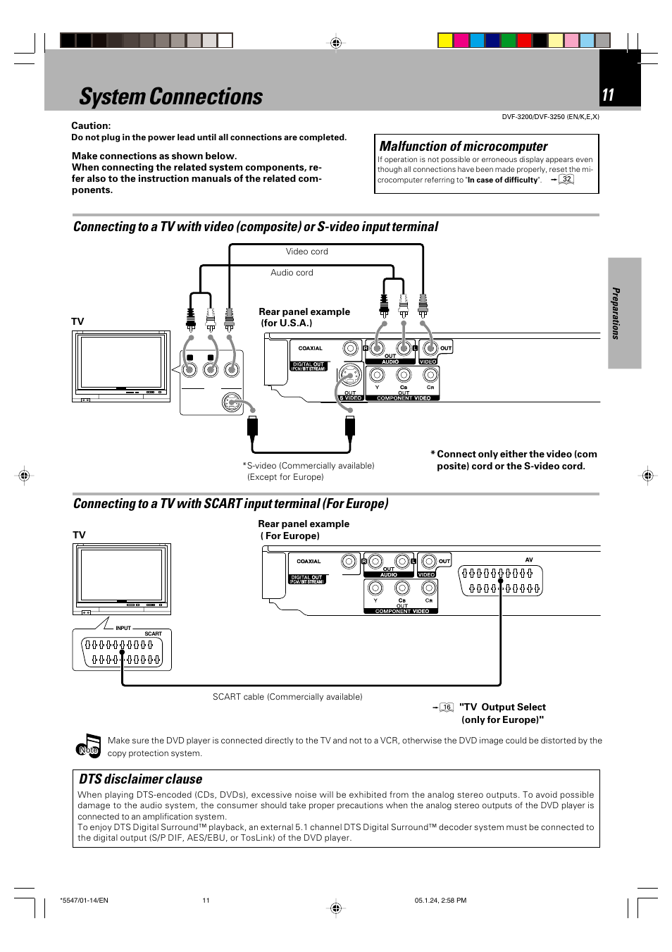 System connections, Malfunction of microcomputer, Dts disclaimer clause | Kenwood DVF-3200 User Manual | Page 11 / 36