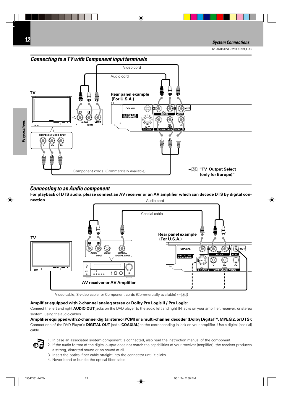 Connecting to an audio component, Connecting to a tv with component input terminals | Kenwood DVF-3200 User Manual | Page 12 / 36