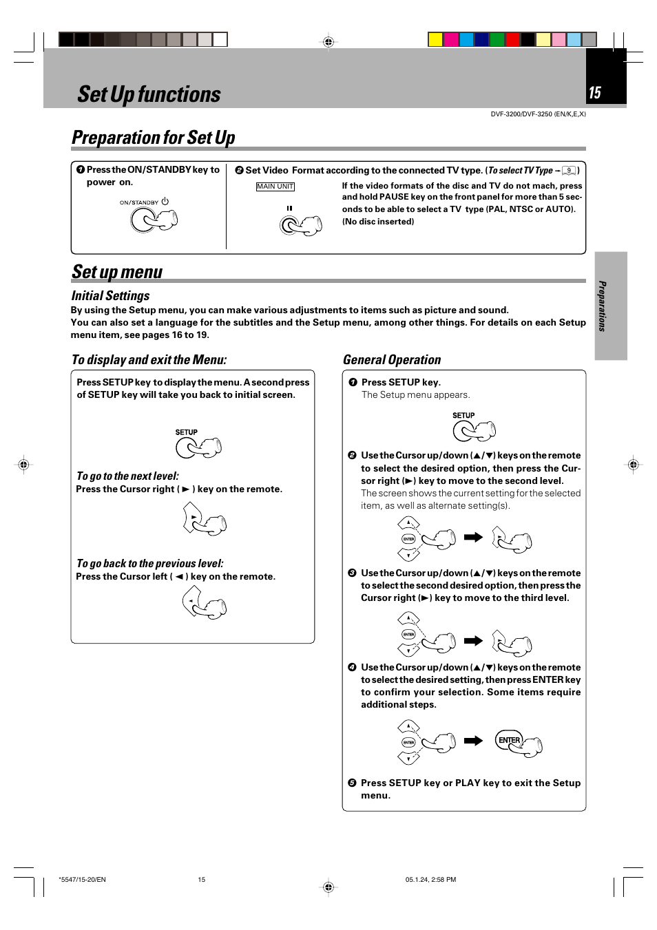 Set up functions, Set up menu, Preparation for set up | Initial settings, General operation | Kenwood DVF-3200 User Manual | Page 15 / 36