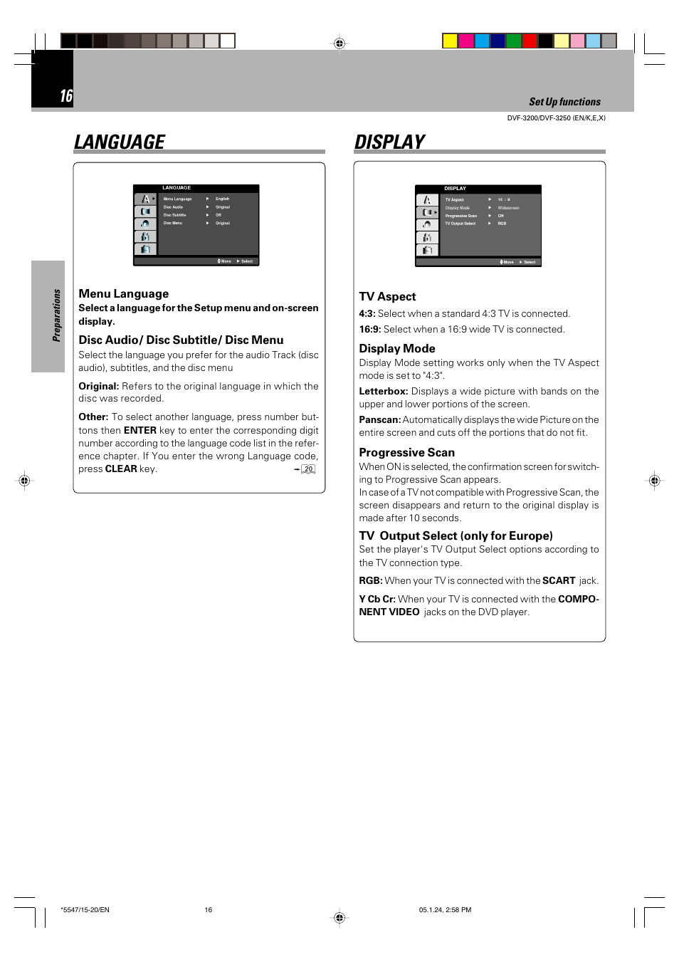 Language, Display | Kenwood DVF-3200 User Manual | Page 16 / 36