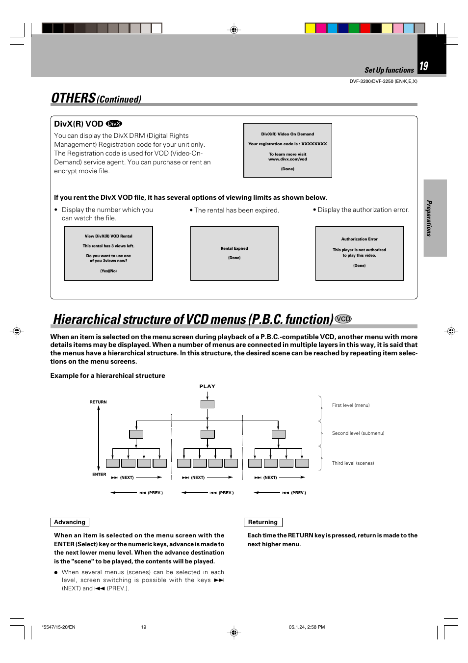 Others, Continued), Divx(r) vod | Kenwood DVF-3200 User Manual | Page 19 / 36