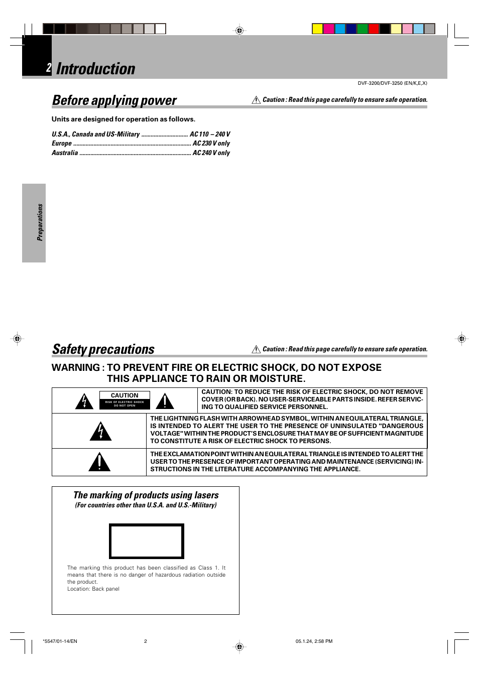 Introduction, Safety precautions, Before applying power | The marking of products using lasers | Kenwood DVF-3200 User Manual | Page 2 / 36