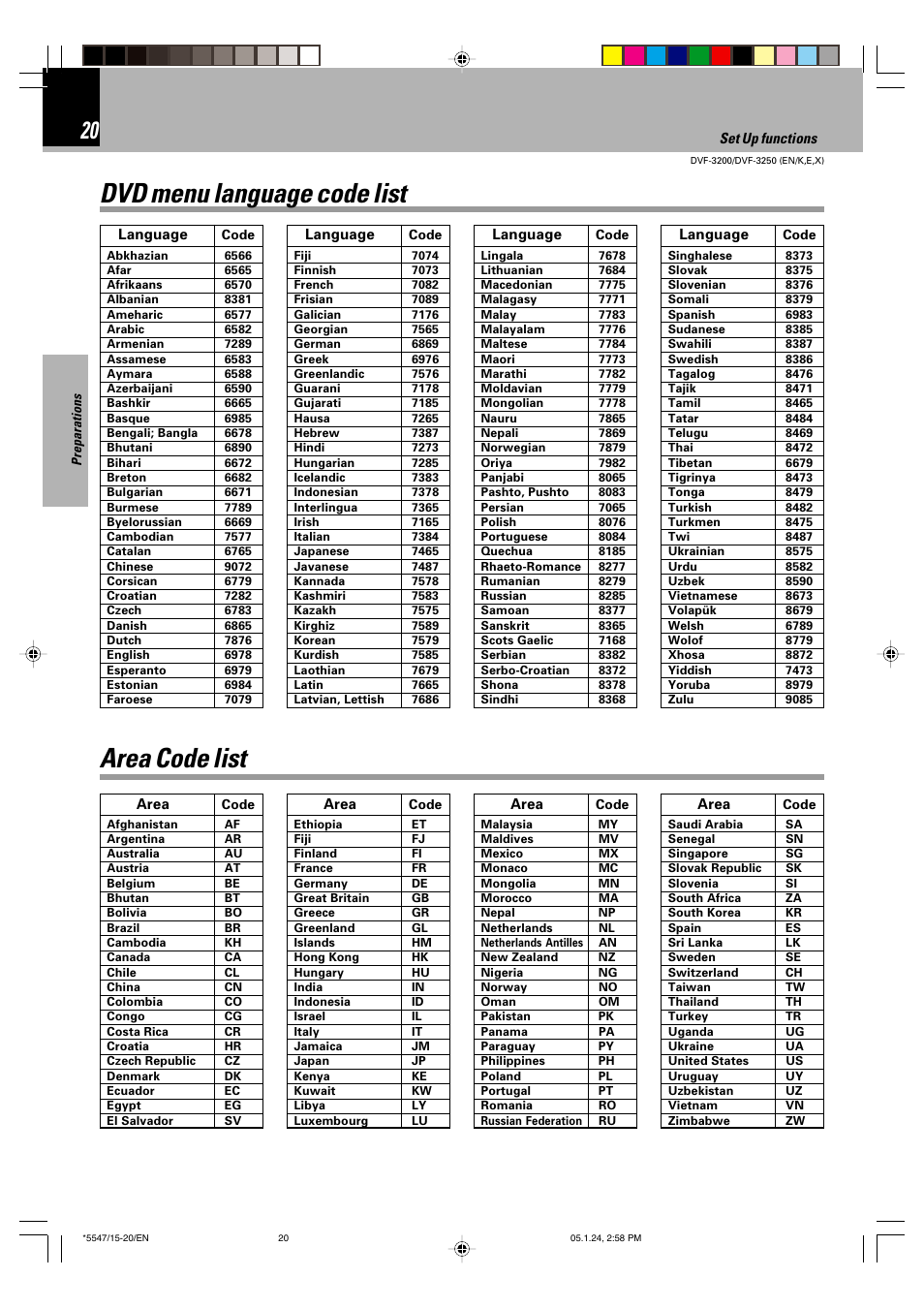 Dvd menu language code list, Area code list | Kenwood DVF-3200 User Manual | Page 20 / 36