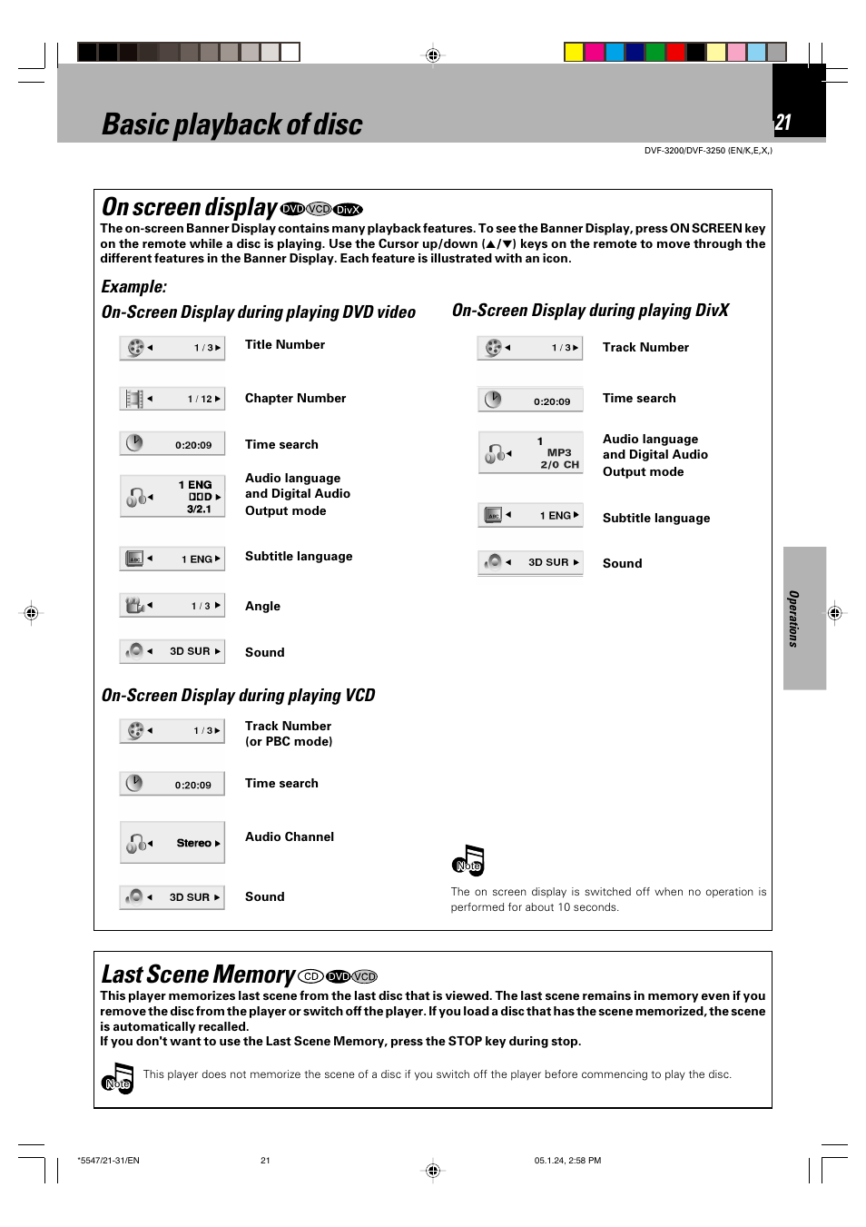 Basic playback of disc, On screen display, On-screen display during playing vcd | On-screen display during playing divx | Kenwood DVF-3200 User Manual | Page 21 / 36