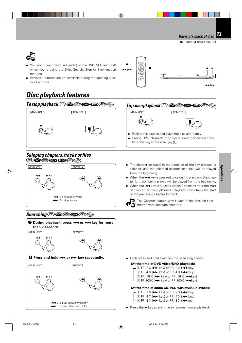 Disc playback features, Skipping chapters, tracks or files, Searching | Kenwood DVF-3200 User Manual | Page 23 / 36