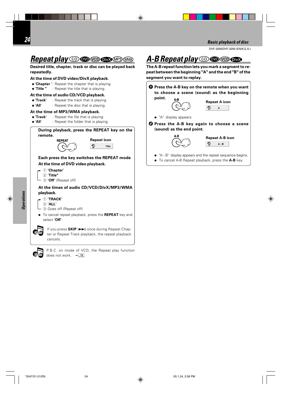 Repeat play, A-b repeat play | Kenwood DVF-3200 User Manual | Page 24 / 36