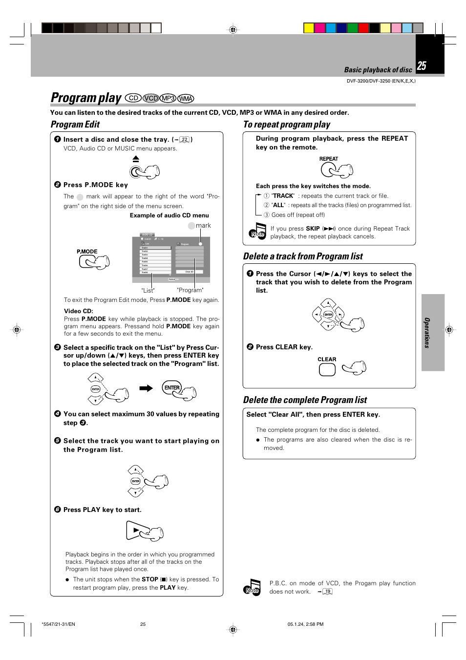 Program play, Program edit, Delete the complete program list | Delete a track from program list | Kenwood DVF-3200 User Manual | Page 25 / 36