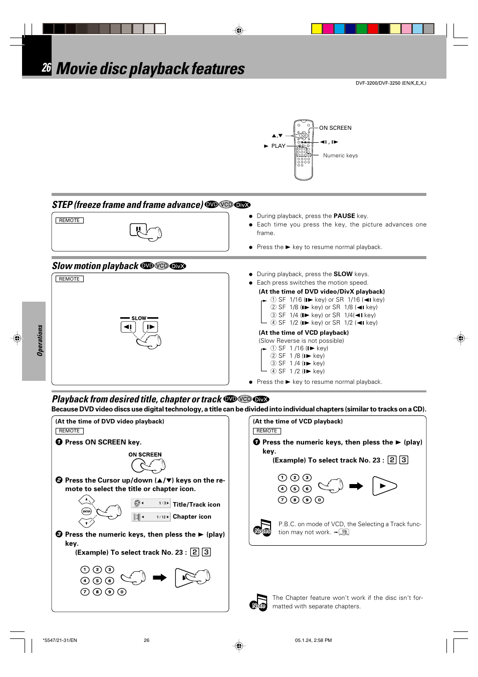 Movie disc playback features, Slow motion playback, Playback from desired title, chapter or track | Step (freeze frame and frame advance) | Kenwood DVF-3200 User Manual | Page 26 / 36
