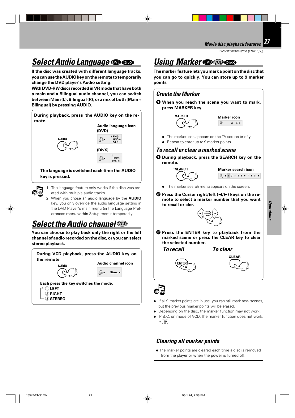 Select audio language, Select the audio channel, Using marker | Create the marker, Clearing all marker points | Kenwood DVF-3200 User Manual | Page 27 / 36